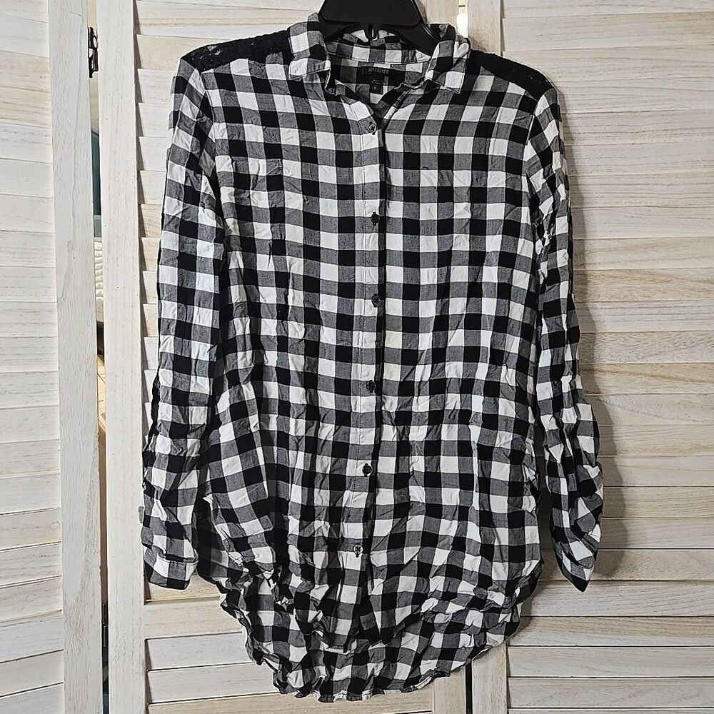 Seventeen Womens Gingham Plaid Button Up Shirt M Black White Lace Boho Western